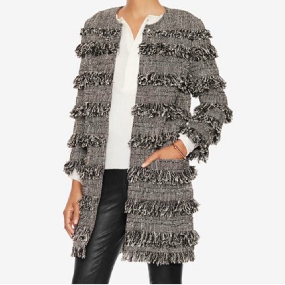 INTERMIX Black and Gray Fringe Stripe Tweed Duster Jacket